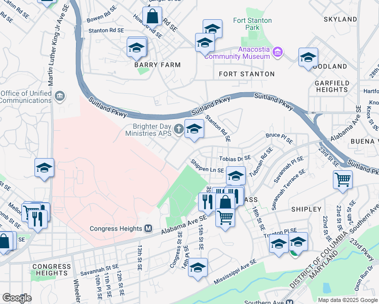 map of restaurants, bars, coffee shops, grocery stores, and more near 1462 Bruce Place Southeast in Washington