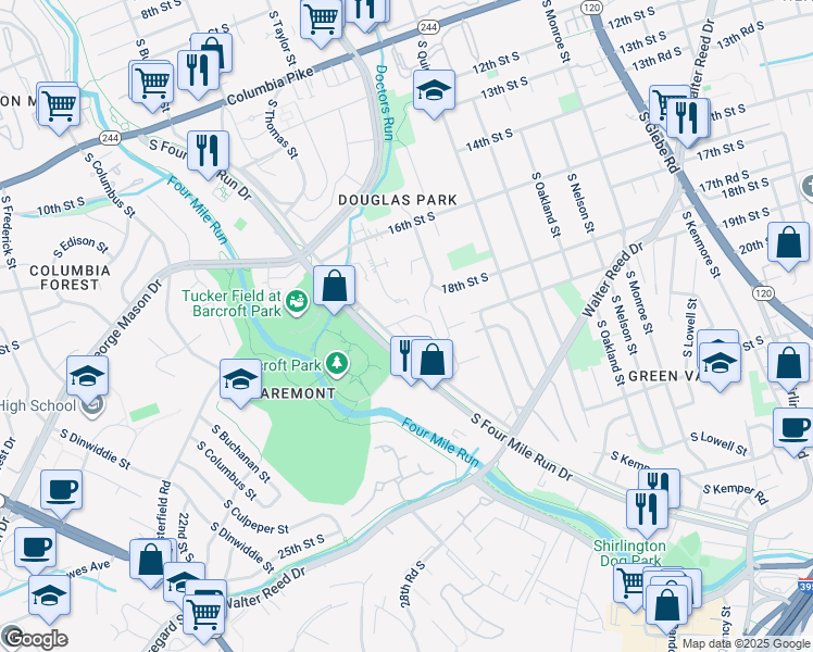 map of restaurants, bars, coffee shops, grocery stores, and more near 4193 South Four Mile Run Drive in Arlington