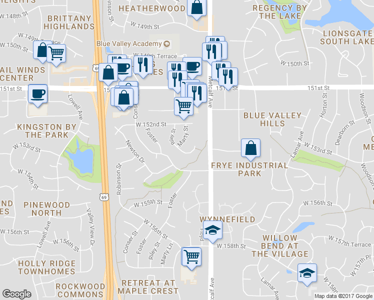 map of restaurants, bars, coffee shops, grocery stores, and more near 15338 Riley Street in Overland Park