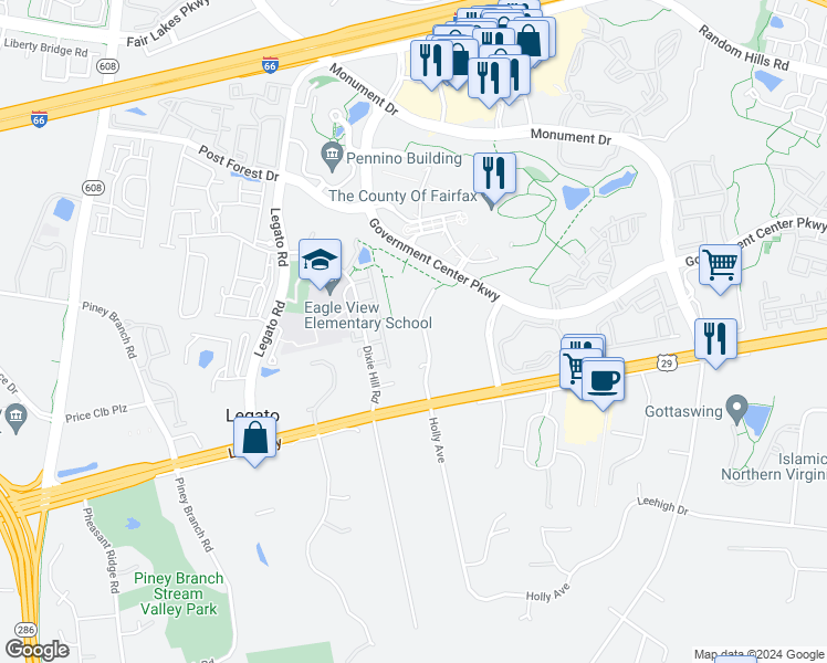 map of restaurants, bars, coffee shops, grocery stores, and more near 12010 Glen Alden Road in Fairfax