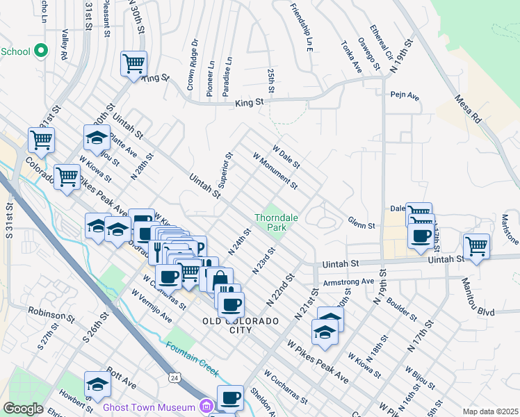 map of restaurants, bars, coffee shops, grocery stores, and more near 440 North 24th Street in Colorado Springs