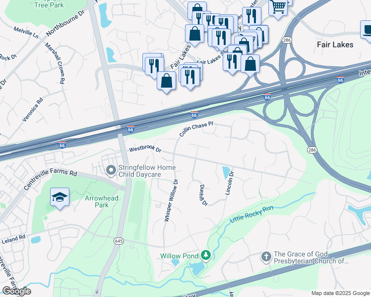 map of restaurants, bars, coffee shops, grocery stores, and more near 13067 Amber Dell Court in Fairfax