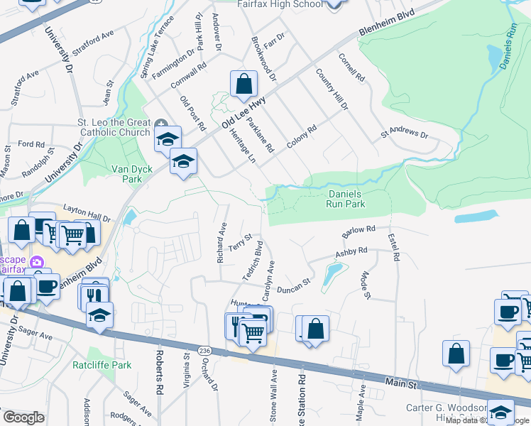 map of restaurants, bars, coffee shops, grocery stores, and more near 3723 Tedrich Boulevard in Fairfax