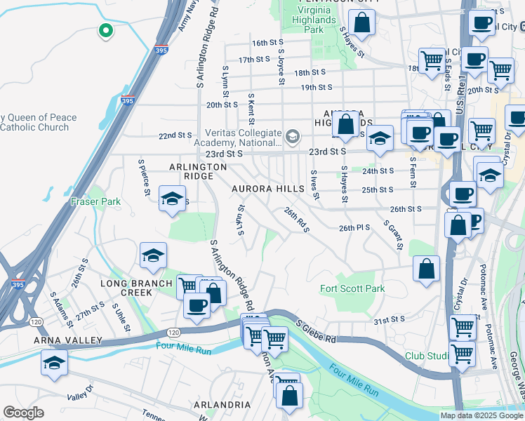 map of restaurants, bars, coffee shops, grocery stores, and more near 2524 Fort Scott Drive in Arlington
