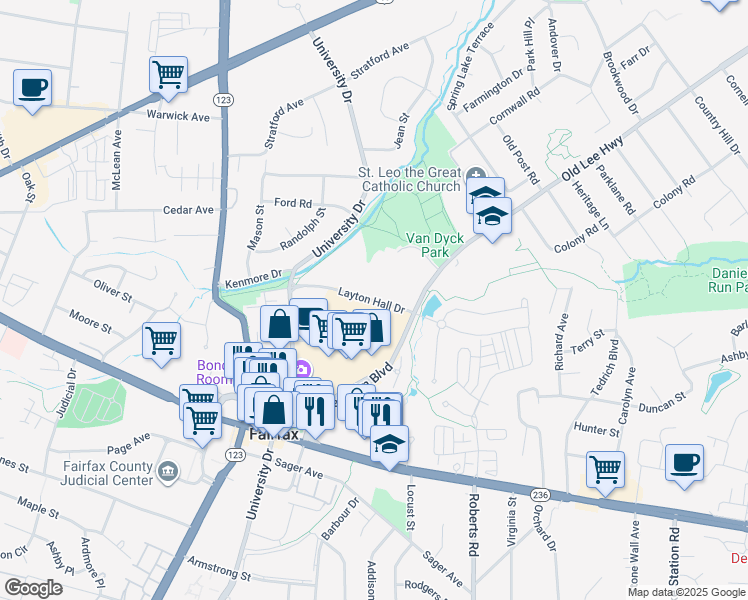 map of restaurants, bars, coffee shops, grocery stores, and more near 10310 Layton Hall Drive in Fairfax