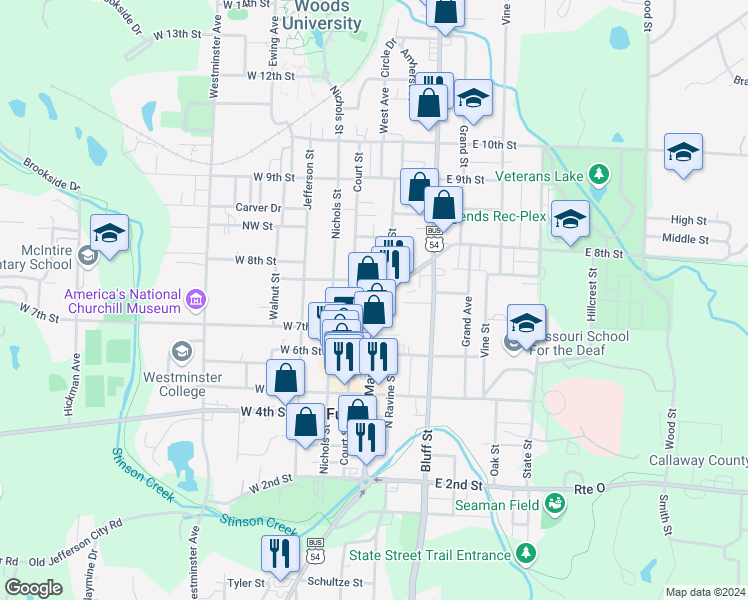 map of restaurants, bars, coffee shops, grocery stores, and more near U.S. 54 Business in Fulton