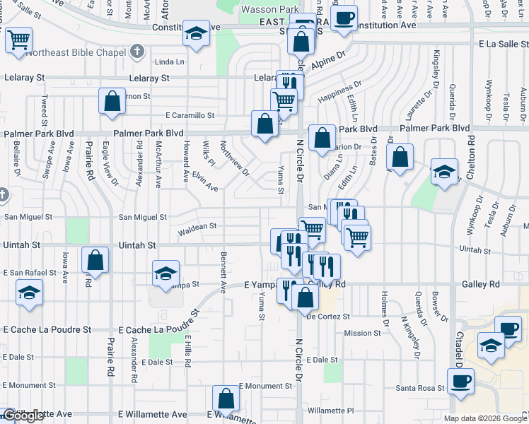 map of restaurants, bars, coffee shops, grocery stores, and more near 1253 Yuma Street in Colorado Springs