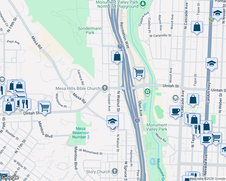 map of restaurants, bars, coffee shops, grocery stores, and more near 1116 Cooper Avenue in Colorado Springs