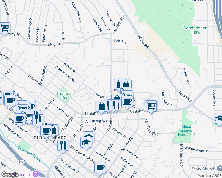 map of restaurants, bars, coffee shops, grocery stores, and more near 806 North 19th Street in Colorado Springs