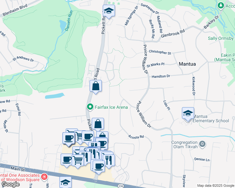 map of restaurants, bars, coffee shops, grocery stores, and more near 9319 Convento Terrace in Fairfax