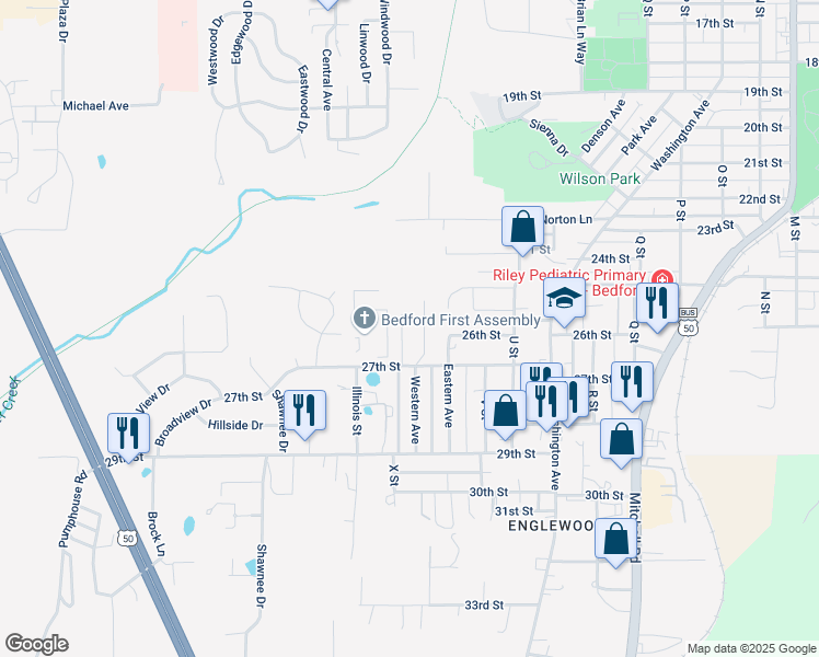 map of restaurants, bars, coffee shops, grocery stores, and more near 2501-2631 Clover Lane in Bedford