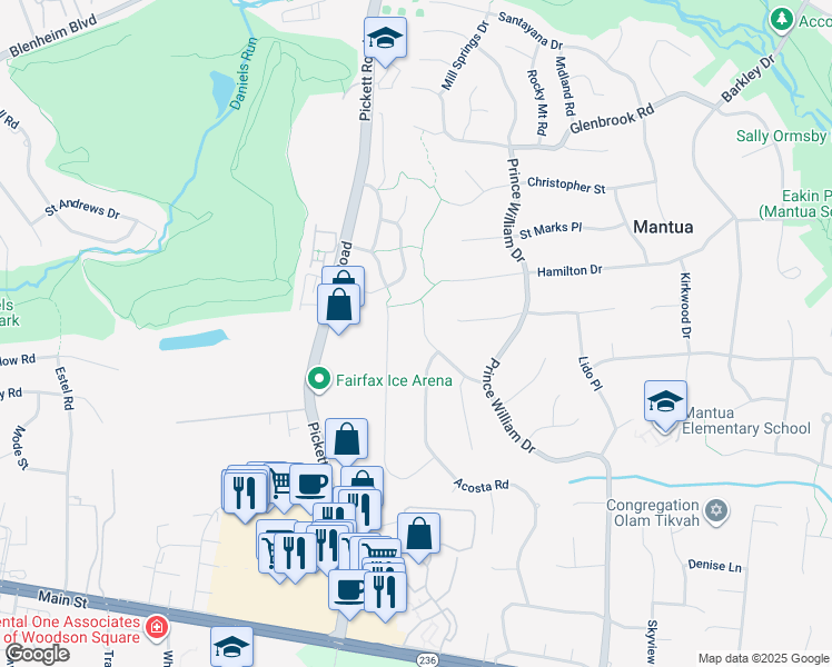 map of restaurants, bars, coffee shops, grocery stores, and more near 9319 Convento Terrace in Fairfax