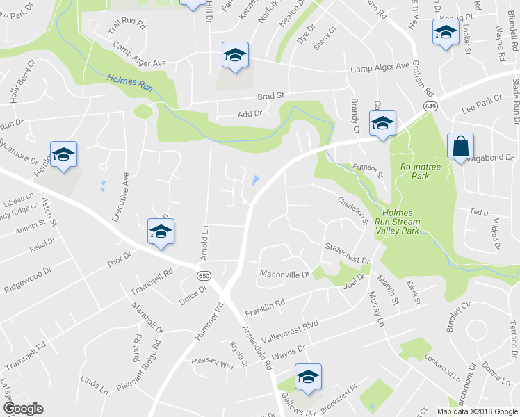 map of restaurants, bars, coffee shops, grocery stores, and more near 3443 Annandale Road in Falls Church
