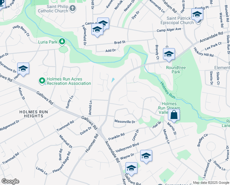 map of restaurants, bars, coffee shops, grocery stores, and more near 3443 Annandale Road in Falls Church