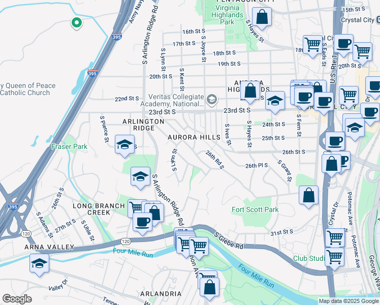map of restaurants, bars, coffee shops, grocery stores, and more near 2524 Fort Scott Drive in Arlington