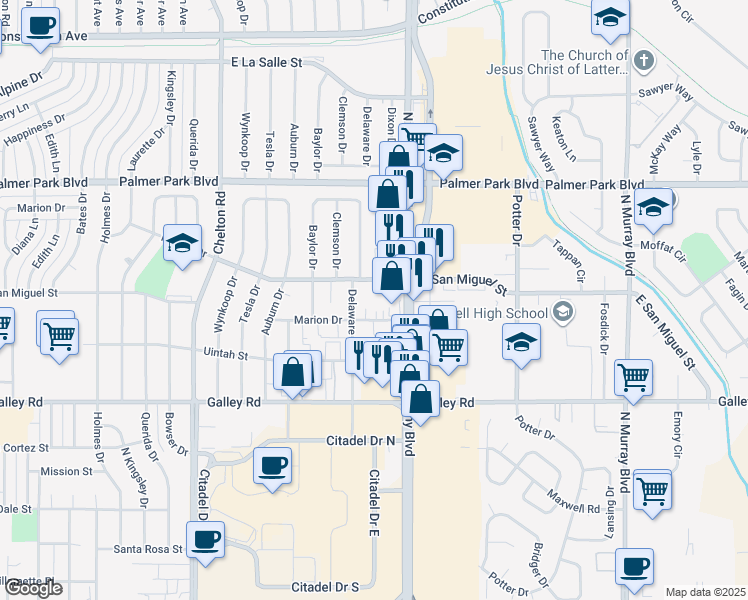 map of restaurants, bars, coffee shops, grocery stores, and more near 3745 Marion Drive in Colorado Springs