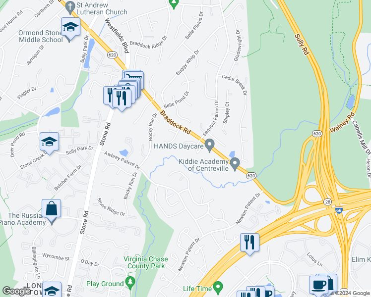 map of restaurants, bars, coffee shops, grocery stores, and more near 14408 Rockymount Court in Centreville