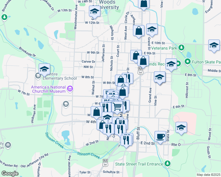 map of restaurants, bars, coffee shops, grocery stores, and more near 754 Nichols Street in Fulton