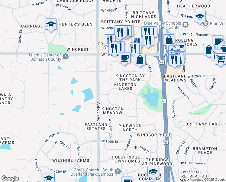 map of restaurants, bars, coffee shops, grocery stores, and more near 8504 West 154th Street in Overland Park