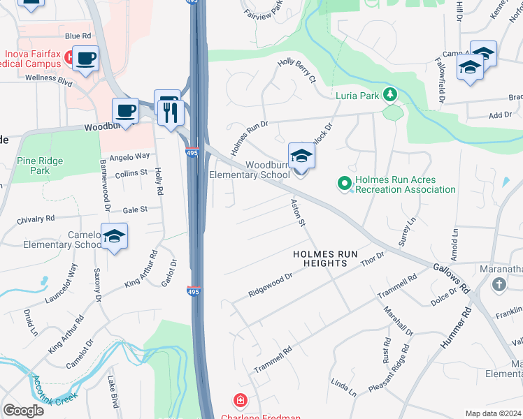 map of restaurants, bars, coffee shops, grocery stores, and more near 7810 Wendy Ridge Lane in Annandale