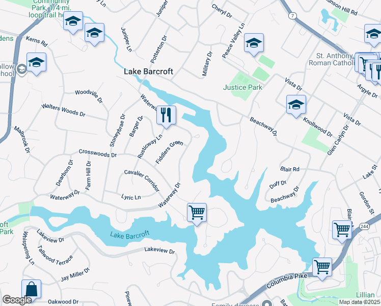 map of restaurants, bars, coffee shops, grocery stores, and more near 6329 Waterway Drive in Falls Church