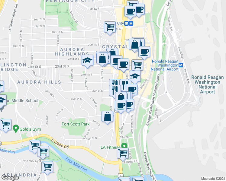 map of restaurants, bars, coffee shops, grocery stores, and more near South Eads Street & 26th Street South in Arlington
