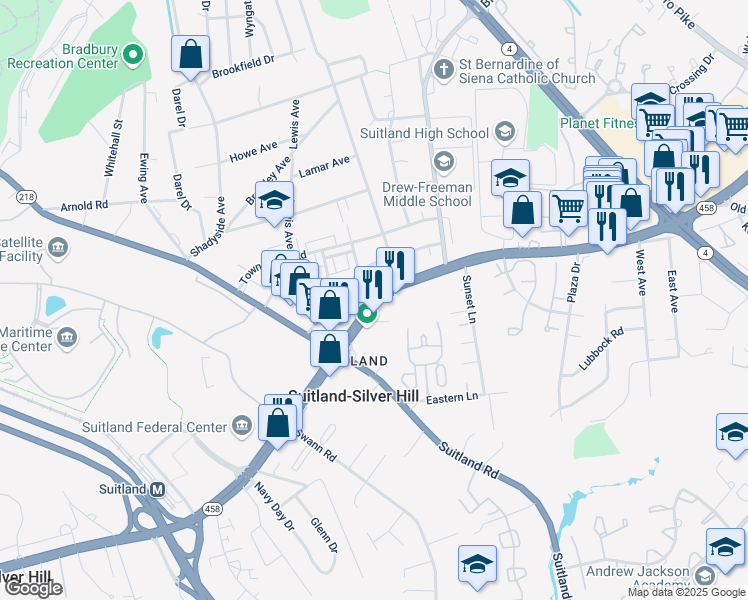 map of restaurants, bars, coffee shops, grocery stores, and more near Silver Hill Road in Prince George's County