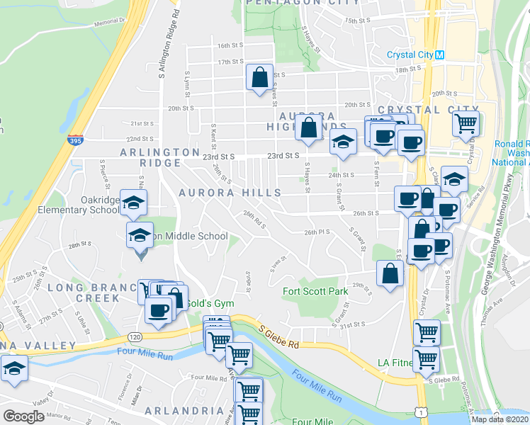 map of restaurants, bars, coffee shops, grocery stores, and more near 924 26th Street South in Arlington