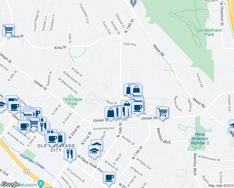 map of restaurants, bars, coffee shops, grocery stores, and more near 864 North 19th Street in Colorado Springs