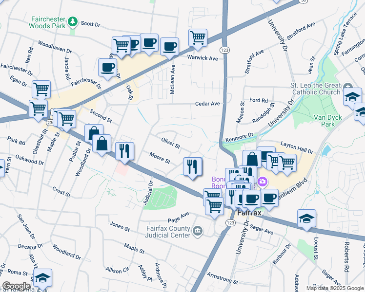 map of restaurants, bars, coffee shops, grocery stores, and more near 10606 Oliver Street in Fairfax