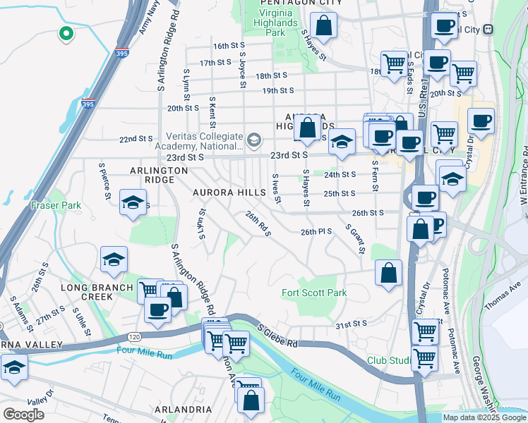 map of restaurants, bars, coffee shops, grocery stores, and more near 924 26th Street South in Arlington