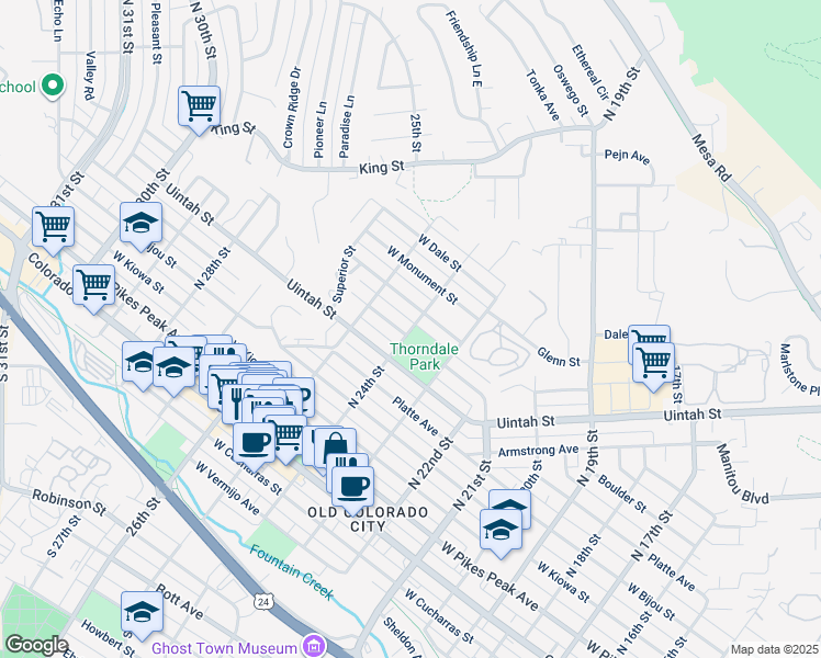 map of restaurants, bars, coffee shops, grocery stores, and more near 2402 West Uintah Street in Colorado Springs