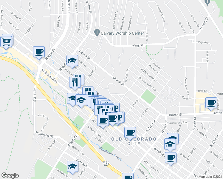 map of restaurants, bars, coffee shops, grocery stores, and more near 2529 West Bijou Street in Colorado Springs