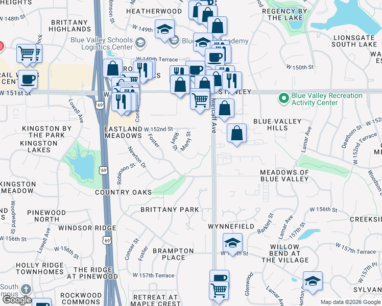 map of restaurants, bars, coffee shops, grocery stores, and more near 15338 Riley Street in Overland Park