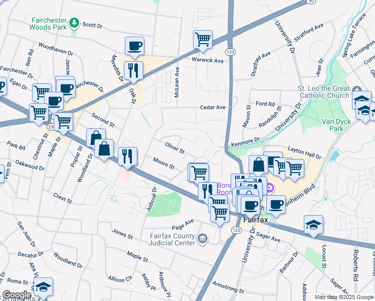map of restaurants, bars, coffee shops, grocery stores, and more near 10606 Oliver Street in Fairfax