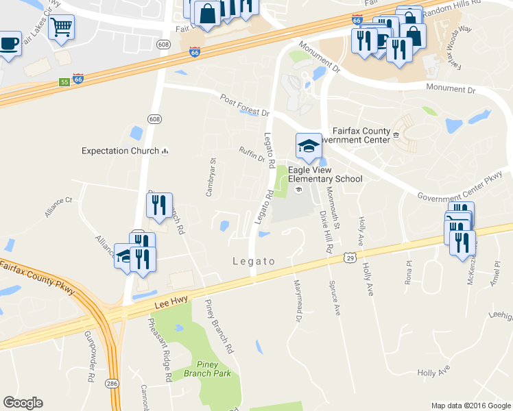 map of restaurants, bars, coffee shops, grocery stores, and more near 12143 Caldicot Lane in Fairfax