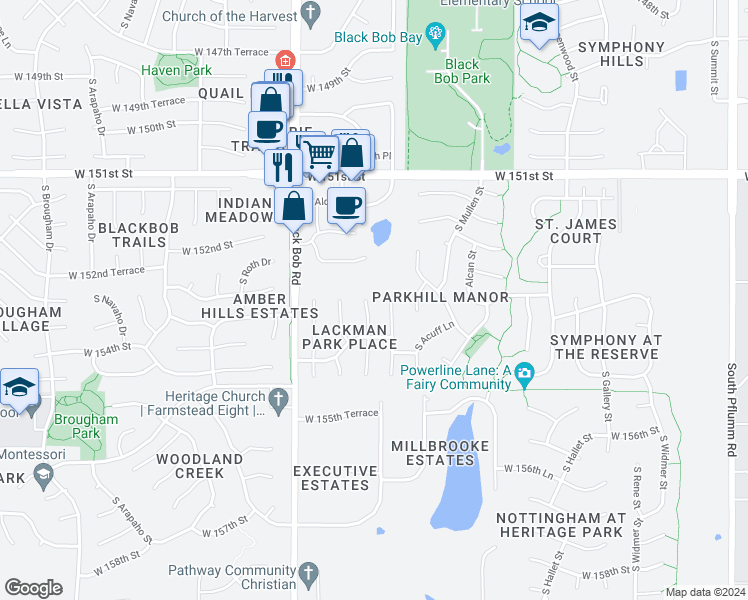 map of restaurants, bars, coffee shops, grocery stores, and more near 15371 South Alden Street in Olathe