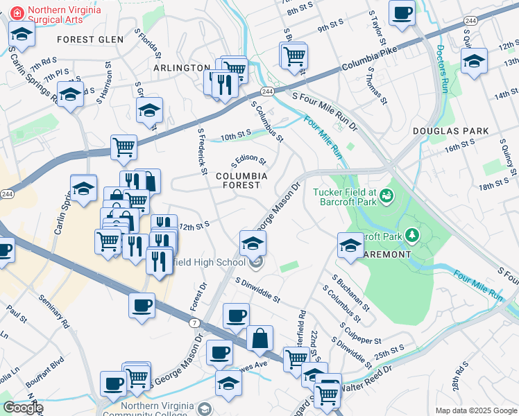 map of restaurants, bars, coffee shops, grocery stores, and more near 1144 South Edison Street in Arlington