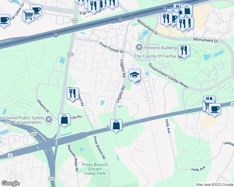 map of restaurants, bars, coffee shops, grocery stores, and more near 12143 Caldicot Lane in Fairfax