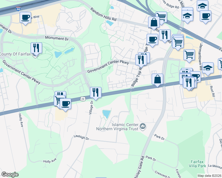 map of restaurants, bars, coffee shops, grocery stores, and more near 4191 Lochleven Trail in Fairfax
