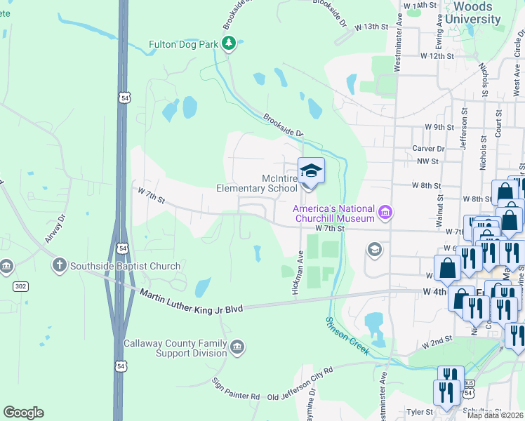 map of restaurants, bars, coffee shops, grocery stores, and more near 704-706 West 7th Street in Fulton