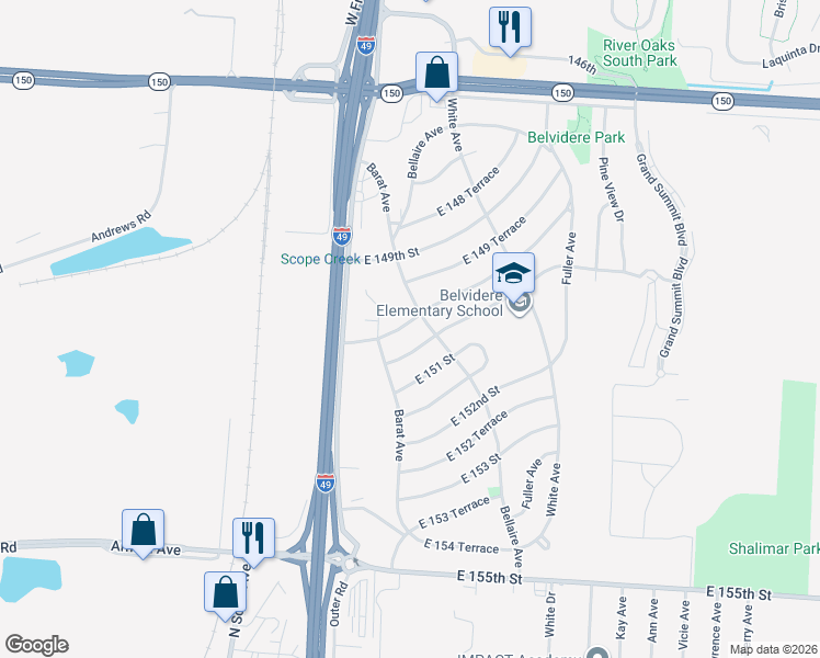 map of restaurants, bars, coffee shops, grocery stores, and more near 6007 East 150th Street in Grandview