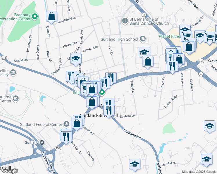 map of restaurants, bars, coffee shops, grocery stores, and more near 4831 Silver Hill Road in Hillcrest Heights
