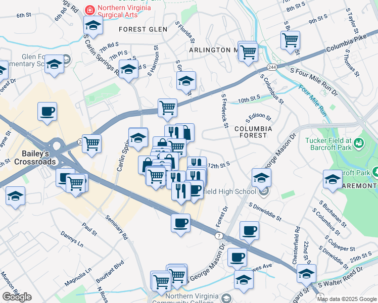 map of restaurants, bars, coffee shops, grocery stores, and more near 3449 South Jefferson Street in Falls Church
