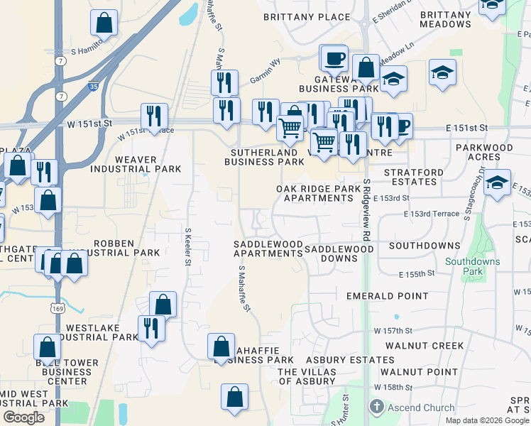 map of restaurants, bars, coffee shops, grocery stores, and more near 18851 West 153rd Court in Olathe