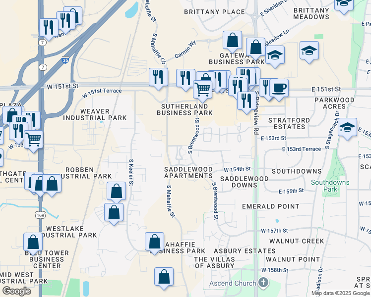 map of restaurants, bars, coffee shops, grocery stores, and more near 18851 West 153rd Court in Olathe