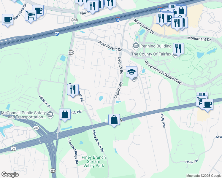 map of restaurants, bars, coffee shops, grocery stores, and more near 12155 Caldicot Lane in Fairfax