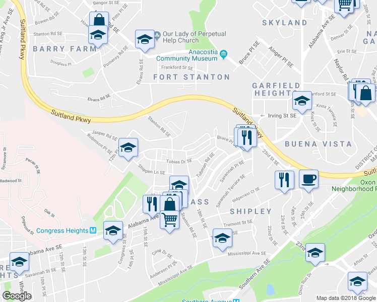 map of restaurants, bars, coffee shops, grocery stores, and more near 1807 Bruce Place Southeast in Washington