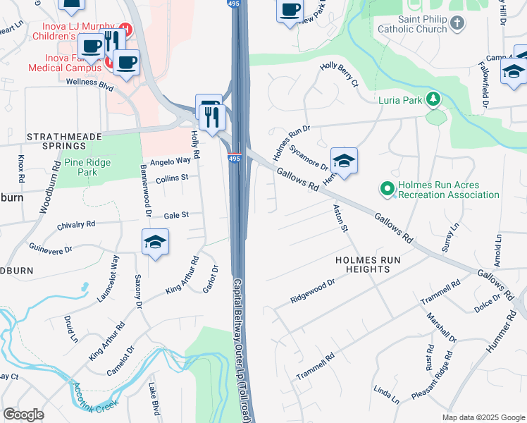 map of restaurants, bars, coffee shops, grocery stores, and more near 3409 Wheatwheel Lane in Annandale