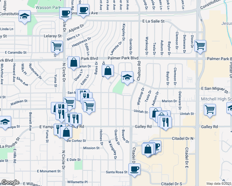 map of restaurants, bars, coffee shops, grocery stores, and more near 3319 East San Miguel Street in Colorado Springs